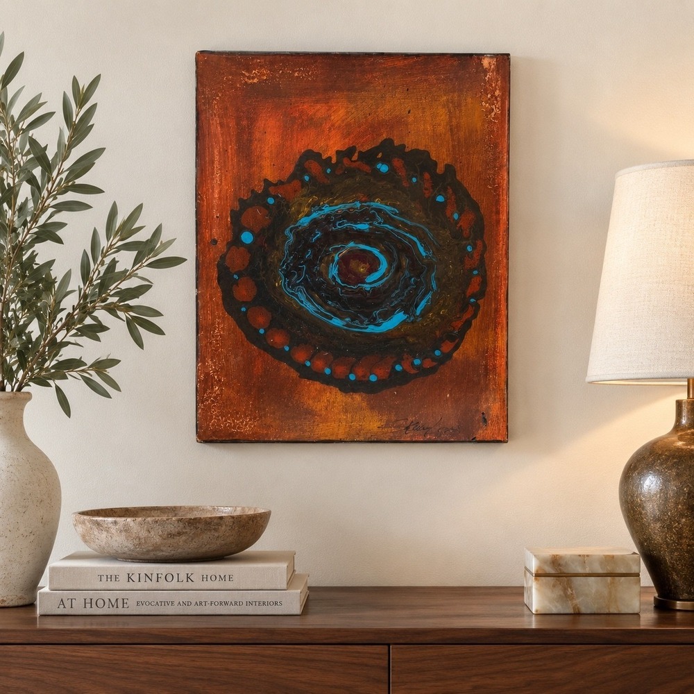 Original Abstract Painting on Wood Panel Signed S Kelley 16.5x13 Rust/Blue